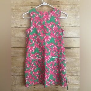 Girls Lilly Pulitzer sz 14 Green Pink Butterfly Floral Shift Dress w/ Pockets